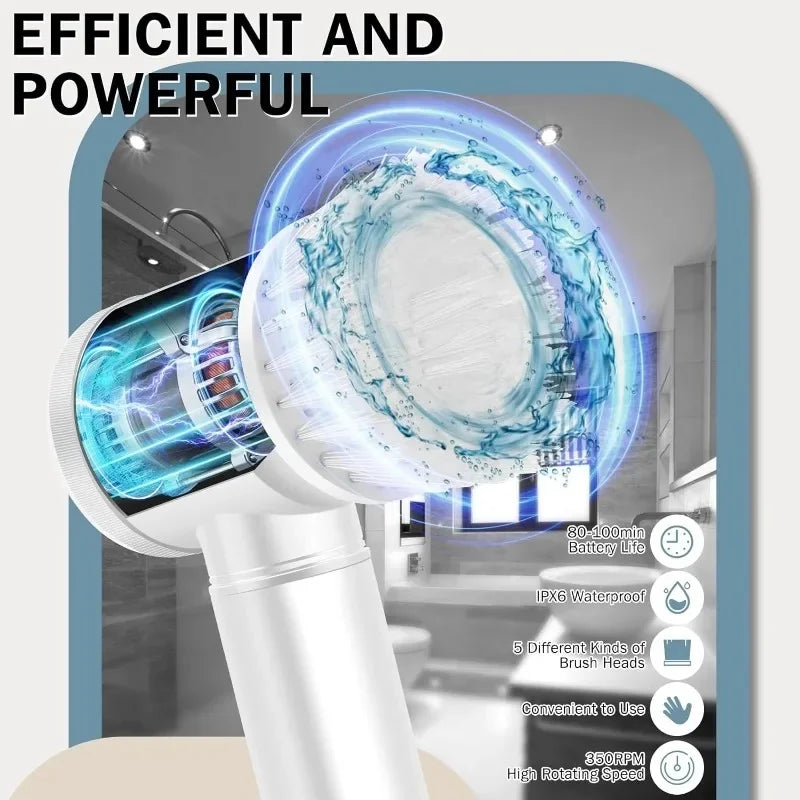 Super Escova Elétrica Recarregável 5 em 1 – Para Limpeza Pesada sem Esforço!